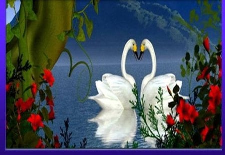 Romancing Swans - swans, lake, art, flowers, frame