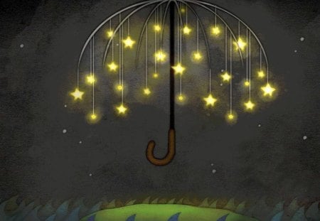 Twinkling Umbrella - grass, umbrella, stars