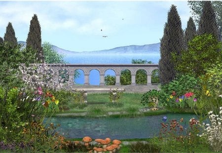 Landscape Art - garden, pond, railing, view, trees, art