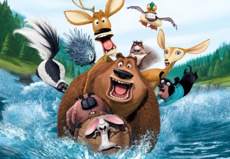 Open Season - open season, river, cartoon, funny, log, movie, forest, animals