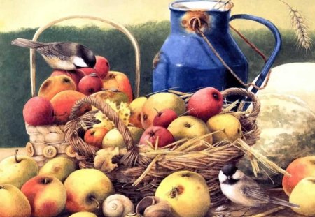 In The Country - fruit, basket, country, birds, sparrows, art