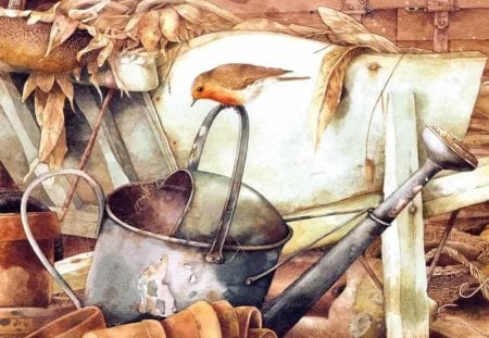 Robin Redbreast - watering can, art, autumn, plant pots, robin