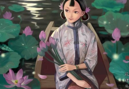 Stream of Waterlilies - waterlilies, pond, oriental lady, art, asian writing