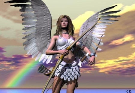 Arcanglena - clouds, warrior, arrow, protector, winged, rain, wings, bow, sky