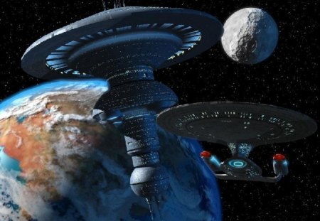 star trek - moon, space station, earth