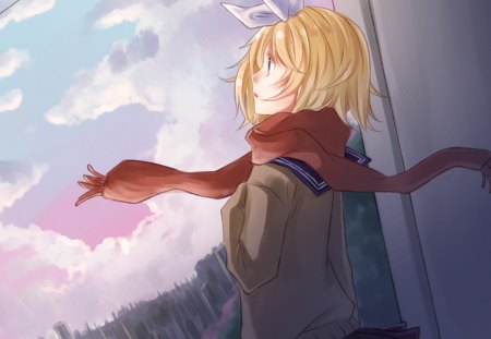 Kagamine Rin - clouds, vocaloid 2, vocaloid, gazing, winter, high res, girl, seifuku, blonde, school uniform, kagamine rin, cute, ribbon, usamimi, muffler, high resolution