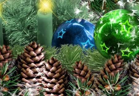 Christmas decoration - twigs, star, blue, candle, christmas decoration, gold, cones, baubles, green, pine