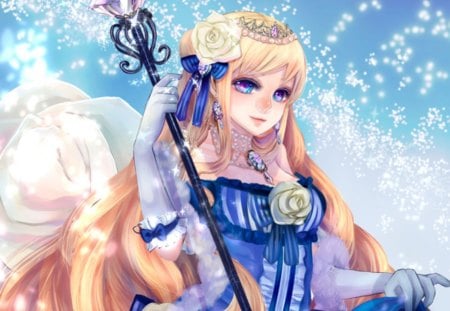 diamond queen - star, wand, anime, tiara, female, snow, crown, dress, diamond, blonde, long hair, rod, ribbon, anime girl, queen, beautiful, gems, staff, girl, beauty, jewel, sweet, flower