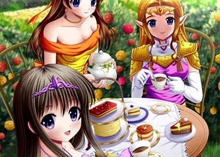 cake party - princess, female, hot, tiara, anime girl, crown, princess zelda, zelda, anime, food, cute, sexy, drink, girl, tea, cake, royal, blossom, snack, flower, dress