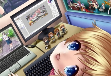 hey there ..... - screen, girl, laptop, female, computer, technology, anime girl, figure, anime, digital, sweet, cute, blonde