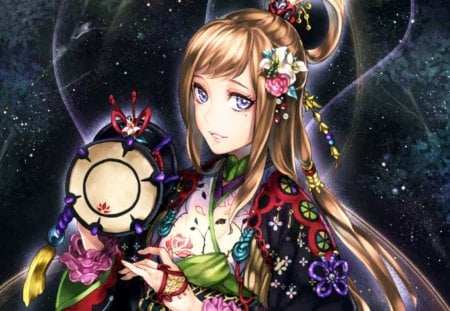 drum song - pretty, drum, anime, female, blossom, dress, long hair, dark, music, nice, anime girl, beautiful, girl, beauty, flower, black, instrument, cute