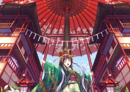 giant umbrella - house, anime, anime girl, female, yulata, blossom, girl, kimono, flower, giant, big, japan, umbrella, huge, building, japanese