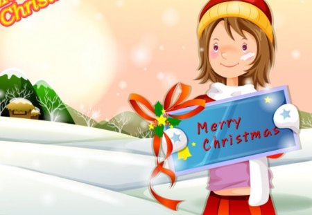 Merry Christmas! - winter, yellow, blue, snow, girl, vector, christmas, white, red, cute, bow, day, art, sun