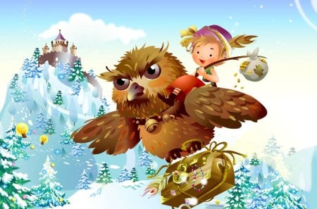 Fantasy - vector, winter, child, fantasy, bird, christmas, white, art, red, snow, green, owl, tree, fly