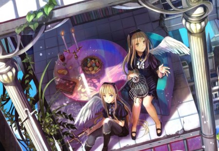 separate wings - feather, cage, cute, wing, sweet, anime, anime girl, girl, candle, wings, fantasy, female, angel