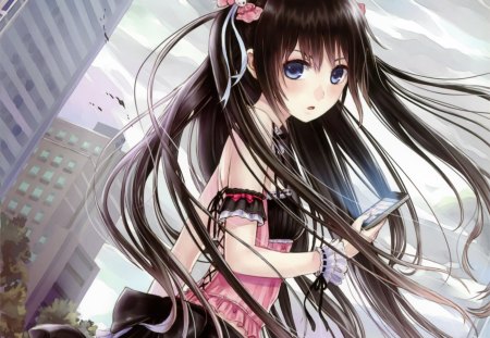 windy - anime, handphone, female, scene, dress, long hair, view, house, anime girl, hot, girl, city, scenic, pone, digital, black hair, cute, sexy, building