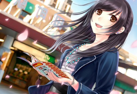 breeze - sexy, hot, female, girl, long hair, anime girl, book, black hair, jacket, petals, anime, cute