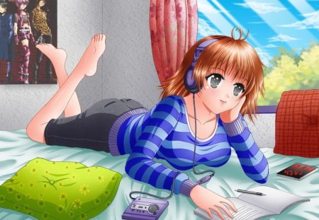 Anime - pillow, bed, headphone, female, girl, cd, gravitation, anime girl, poster, bad luck, anime