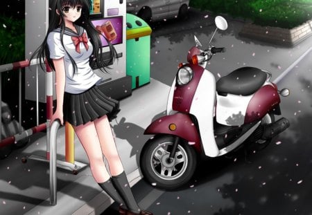 scooter - scooter, anime, anime girl, female, girl, petals, vehicle, uniform, school uniform, long haair, car, transport, black hair, wheel, vending machine