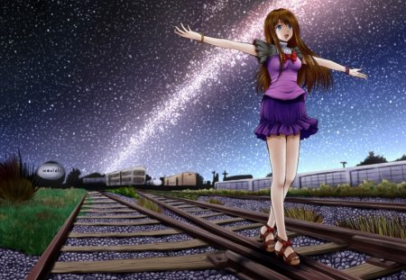 starry sky - star, anime, female, scenery, rail road, vew, scene, dress, light, railway, sky, anime girl, skirt, hot, girl, scenic, fantasy, cute, sexy