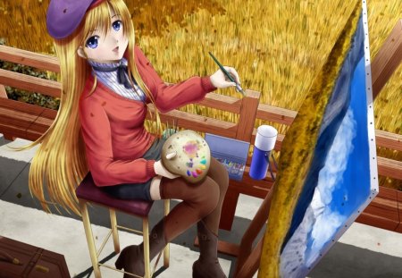 artist - brush, cute, blonde, paint, painted, hot, anime girl, girl, hat, picture, canvas, boot, anime, drawing, dress, art, long hair, sexy, painter, female, artist