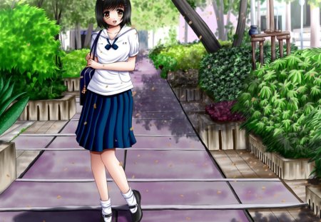 walk to school - anime, anime girl, female, girl, plant, bag, tree, uniform, school uniform, cute, walkway