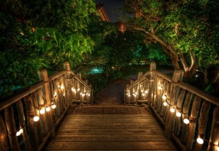 Bridge Lights - resort, lights, water, trees, night, stairs