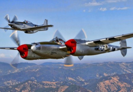 P51 and P38 classic fighters - mountains, fighters, wwii, planes