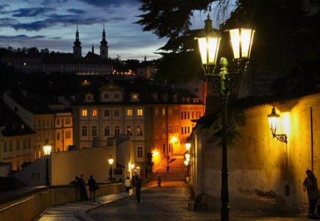 a sunset walk under prague castle - sunset, people, lights, city, steps, castle