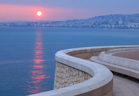 sunset on the french riviera - sunset, sea, waterfront, city, walk