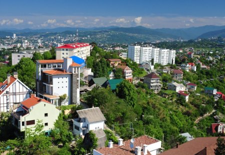 lovely city of sochi in russia - city, hills, mountains, trees