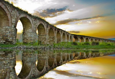 ancient majestic aqueduct - aqueduct, pond, reflection, clouds, ancient