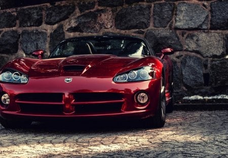 dodge viper parked at a stone wall - cobblestones, car, stone wall, red