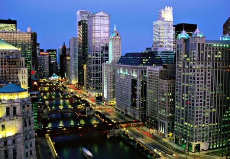 the chicago river at night - river, city, night, bridges, skyscrapers