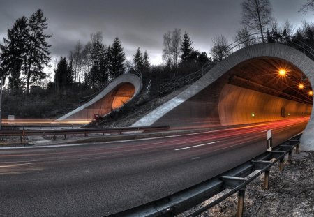 double road tunnels hdr - clouds, roads, trees, tunnels, lights, hdr