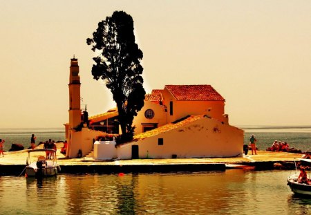 church on an ionian island corfu greece - boats, trees, island, church, visitors