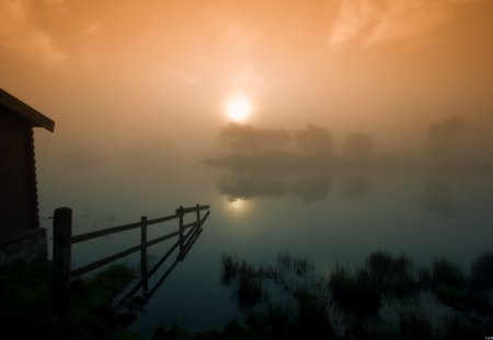 foggy haze on a lake in scotland - house, haze, fog, lake, sun