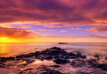 glorious sunset - shore, sunset, sea, clouds