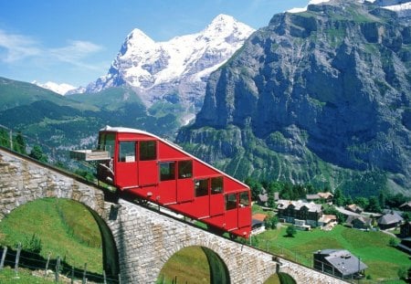 switzerland alps railway - village, railway, ramp, mountain