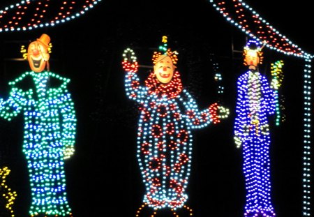 Winter Clowns in Lights - christmas, clown, winter, nature, lights, decorations, circus