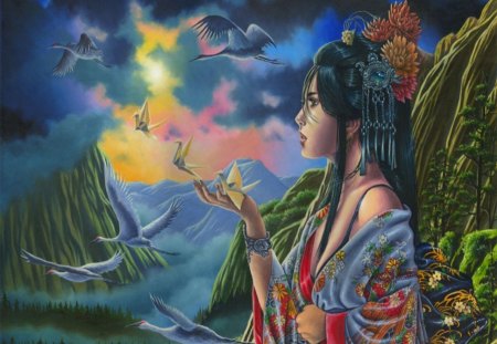 GODDESS OF THE SKY - sky, female, goddess, birds