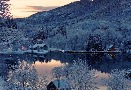 Peaceful Place - lake, houses, sky, trees, winter, mountains, nature, village, snow, clouds