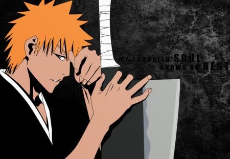 MY TROUBLED SOUL KNOWS NO REST - male, bleach, kurosaki ichigo, dark background, weapon, anime, ichigo kurosaki, ichigo, sword