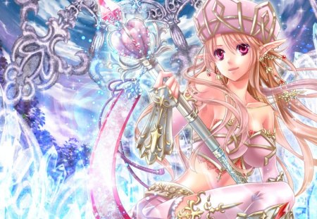 crystal queen - female, hot, magic, tiara, anime girl, crown, fantasy, crystal, anime, cute, sexy, girl, magical, staff, rod, pink, blue, weapon