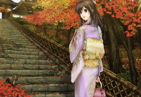 walking home - autumn, female, hot, japanese, anime girl, japan, anime, plant, house, kimono, tree, cute, sexy, building, girl, bag, stair, staircase, animal, yukata, sweet, squire, flower