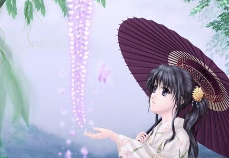 falling petals - beauty, nice, female, hot, anime girl, black hair, pretty, umbrella, petals, anime, cute, sexy, girl, long hair, lovely, butterfly, pony tail, beautiful, blossom, sweet, flower