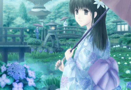 lotus pond - anime, female, scenery, blossom, scene, umbrella, view, pagoda, lotus, anime girl, water, pond, girl, scenic, water lily, kimono, sweet, flower, petals, yukata, cute, lily pad