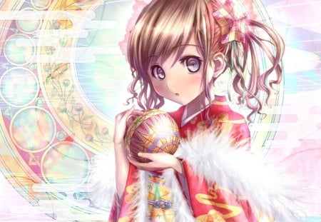 Marihime - abstract, anime, anime girl, female, ball, girl, kimono, yukata, sweet, fur, cute