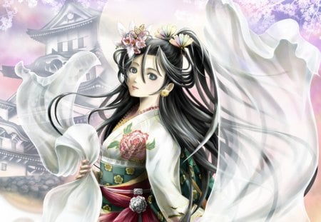 Senhime - nice, beauty, female, hot, japanese, anime girl, white, pretty, japan, petals, anime, house, kimono, cute, maiden, sexy, building, girl, long hair, beautiful, blossom, yukata, sweet, dress, flower