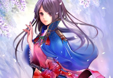 Oichi - hot, anime girl, wind, petals, kimono, lady, sexy, warrior, long hair, purple hair, beautiful, 3d, yukata, sweet, dress, woman, women, nice, realistic, beauty, female, blade, windy, pretty, anime, sword, cute, mantle, maiden, girl, fighter, lovely, cg, abstract, weapon, blossom, cape, breeze, flower